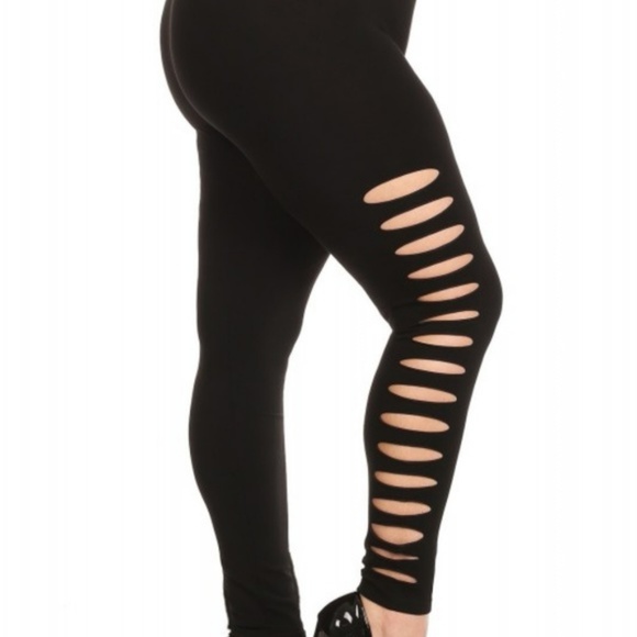 Plus Size Black Sexy Leggings w/ Cut Out Slits - Picture 3 of 4